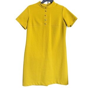 Vintage 60s Mod Toni Todd Chartreuse Green Textured Shift Dress w Gold Buttons